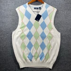 Hickey Golf Sweater Vest Men's Large White Green/Blue Argyle Pima Cotton Active